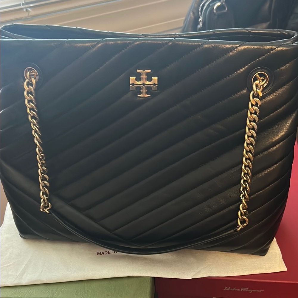 Tory Burch Black and Gold Quilted Chevron Shoulder Bag
